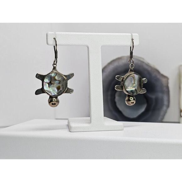 Vintage Mexican 925 Sterling Silver Abalone Turtle Dangle Earrings [Tarnished] - Picture 1 of 7